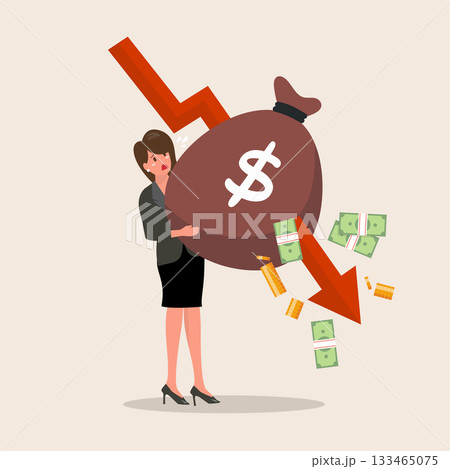 Arrow graphs fall down to attack the money bag carried by business woman 133465075