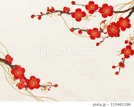和紙のテクスチャと梅の花・水引を使った和モダンなフレーム 和紙のテクスチャと梅の花・水引を使った和モダンなフレーム 133465196