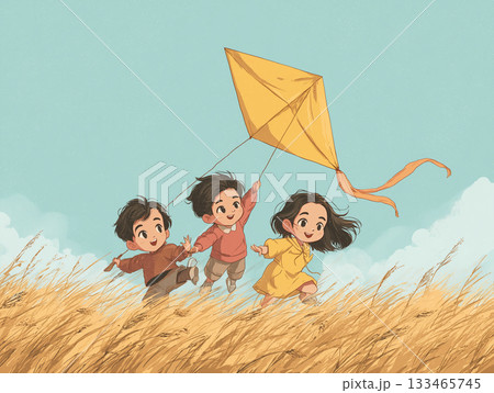 凧揚げを楽しむ子供たちの絵本風イラスト 133465745