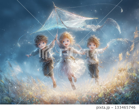 凧揚げを楽しむ子供たちの絵本風イラス 133465746