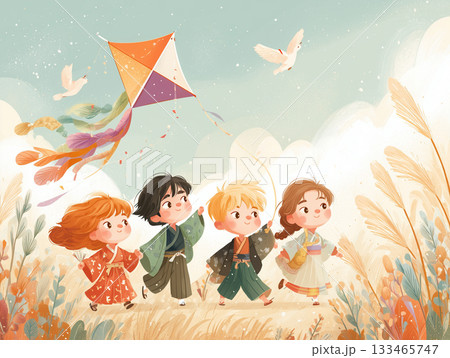 凧揚げを楽しむ子供たちの絵本風イラスト 133465747