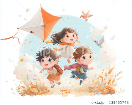 凧揚げを楽しむ子供たちの絵本風イラスト 133465748