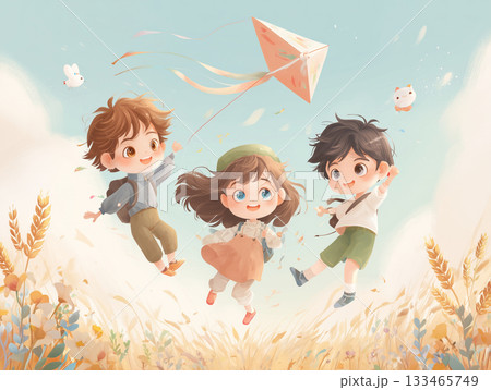 凧揚げを楽しむ子供たちの絵本風イラスト 133465749