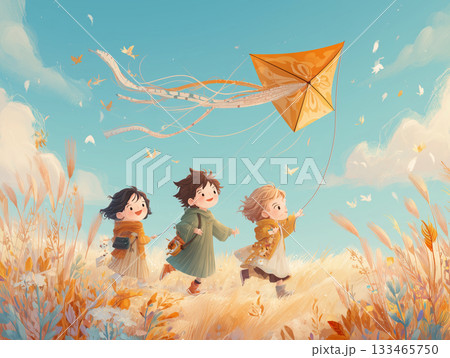 凧揚げを楽しむ子供たちの絵本風イラスト 133465750