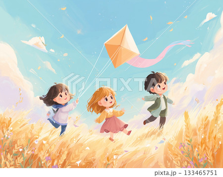 凧揚げを楽しむ子供たちの絵本風イラスト 133465751