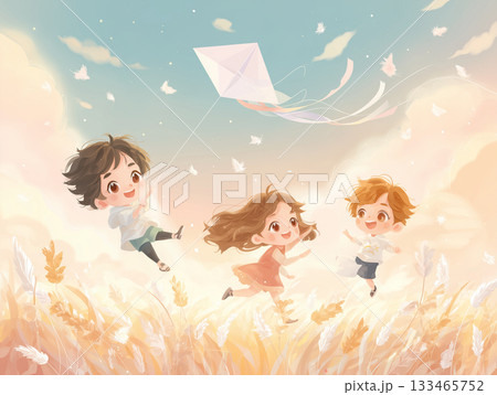 凧揚げを楽しむ子供たちの絵本風イラスト 133465752