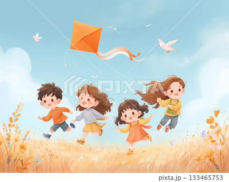 凧揚げを楽しむ子供たちの絵本風イラスト 133465753
