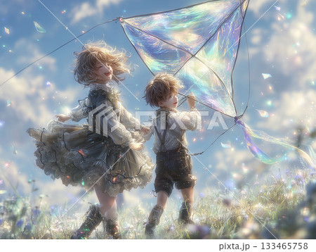 凧揚げを楽しむ子供たちの絵本風イラス 133465758