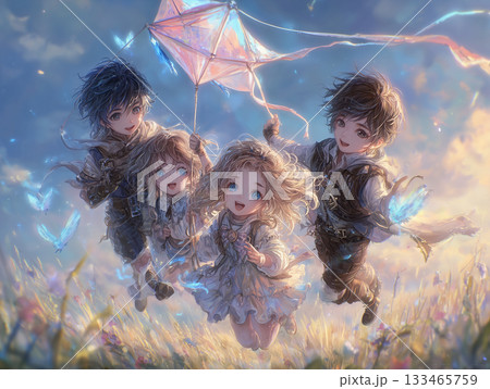 凧揚げを楽しむ子供たちの絵本風イラス 133465759