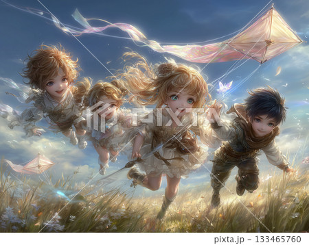 凧揚げを楽しむ子供たちの絵本風イラスト 133465760