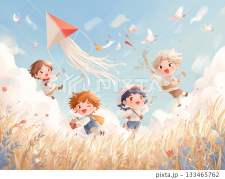 凧揚げを楽しむ子供たちの絵本風イラス 133465762