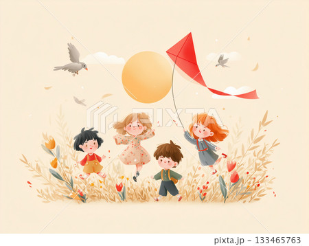 凧揚げを楽しむ子供たちの絵本風イラス 133465763