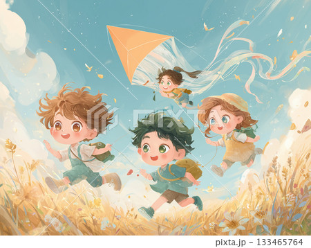凧揚げを楽しむ子供たちの絵本風イラス 133465764