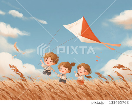 凧揚げを楽しむ子供たちの絵本風イラス 133465768