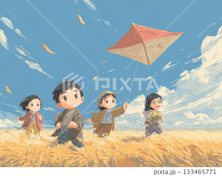 凧揚げを楽しむ子供たちの絵本風イラス 133465771