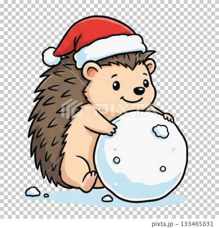 Cute happy cartoon hedgehog in Christmas hat making snowball. Adorable funny animal celebrating winter holiday 133465831