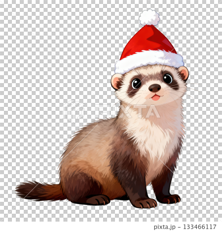 Cute happy ferret animal wearing red christmas holiday hat, looking up with charming and cheerful expression 133466117