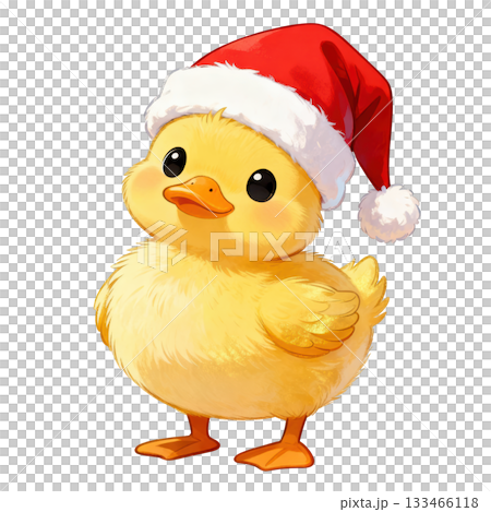 Cute yellow duckling animal wearing red Christmas hat for holiday season. festive and cheerful bird character Cute yellow duckling animal wearing red Christmas hat for holiday season. festive and cheerful bird character 133466118