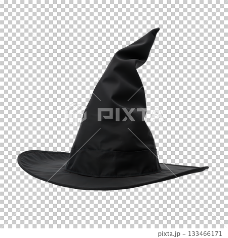 Mysterious black witch hat accessory for Halloween. This spooky, pointed magical costume for wizard or sorcerer Mysterious black witch hat accessory for Halloween. This spooky, pointed magical costume for wizard or sorcerer 133466171