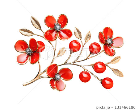 Elegant vintage brooch jewelry of red flower and berry branch. charming classic fashion accessory and ornament 133466180