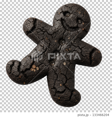 Smiling burnt gingerbread man cookie, funny overcooked baking failure and kitchen disaster with charcoal texture 133466204