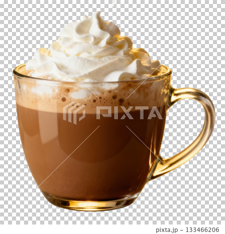 Warm cozy hot chocolate drink in glass mug with sweet whipped cream, comforting and delicious dessert beverage Warm cozy hot chocolate drink in glass mug with sweet whipped cream, comforting and delicious dessert beverage 133466206