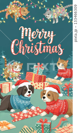 Joyful illustration of cute cat and dog pets celebrating christmas by unwrapping holiday present with happy excitement Joyful illustration of cute cat and dog pets celebrating christmas by unwrapping holiday present with happy excitement 133466309
