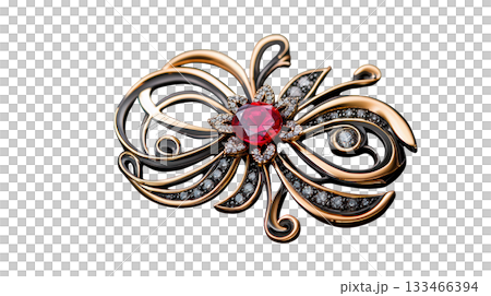 Sophisticated gold brooch with central ruby and swirling diamond details. An elegant piece of fine jewelry for women Sophisticated gold brooch with central ruby and swirling diamond details. An elegant piece of fine jewelry for women 133466394