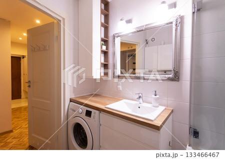 A Modern Bathroom Design Featuring a Washer and an Elegant Overall Aesthetic Appeal A Modern Bathroom Design Featuring a Washer and an Elegant Overall Aesthetic Appeal 133466467