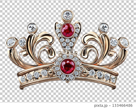 Royal gold crown brooch, elegant jewelry with ruby and diamond. Intricate, luxurious and precious accessory 133466486