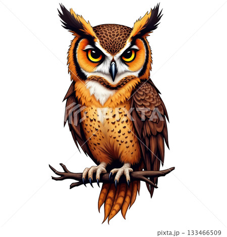 Intense owl illustration shows wild bird of prey perched on branch. Great horned owl with serious stare Intense owl illustration shows wild bird of prey perched on branch. Great horned owl with serious stare 133466509