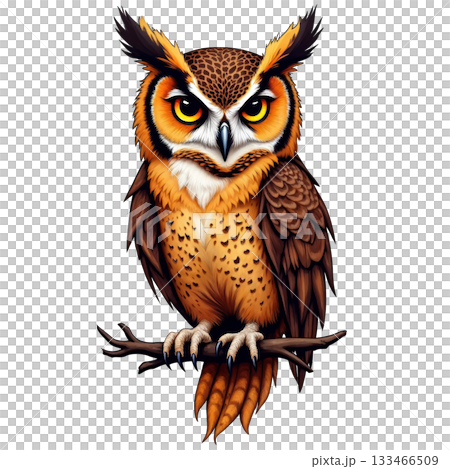 Intense owl illustration shows wild bird of prey perched on branch. Great horned owl with serious stare Intense owl illustration shows wild bird of prey perched on branch. Great horned owl with serious stare 133466509
