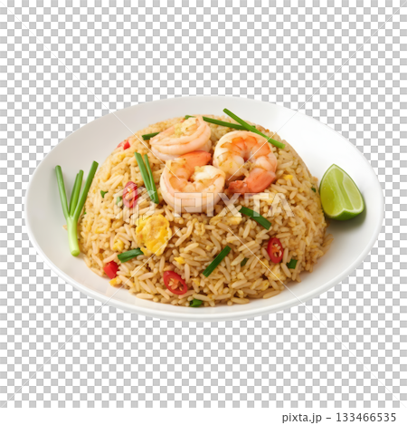 Delicious Thai fried rice dish with prawn, egg, and scallion. savory and appetizing meal served with fresh lime Delicious Thai fried rice dish with prawn, egg, and scallion. savory and appetizing meal served with fresh lime 133466535