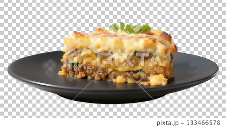 Savory moussaka dish with ground lamb and eggplant layers, topped with rich bechamel sauce. comforting meal 133466578