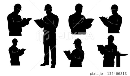Black Solid Worker with Clipboard Silhouettes Set of Six on White Background 133466818