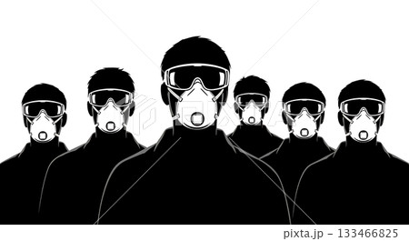 Black Solid Worker Wearing PPE Silhouettes Set of Six on White Background Black Solid Worker Wearing PPE Silhouettes Set of Six on White Background 133466825
