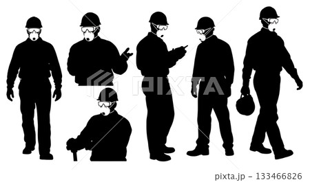 Black Solid Worker Wearing PPE Silhouettes Set of Six on White Background 133466826