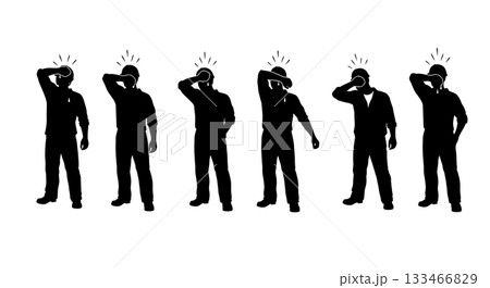Black Solid Worker Wiping Sweat Silhouettes Set of Six on White Background 133466829