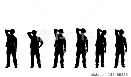 Black Solid Worker Wiping Sweat Silhouettes Set of Six on White Background 133466830