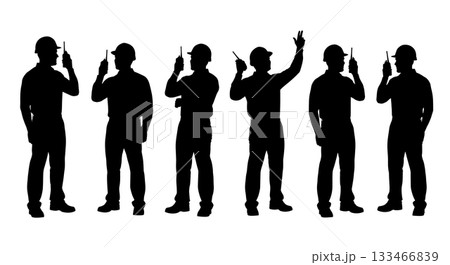 Black Solid Worker with Walkie Talkie Silhouettes Set of Six on White Background Black Solid Worker with Walkie Talkie Silhouettes Set of Six on White Background 133466839
