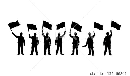 Black Solid Worker Waving Flag Silhouettes Set of Six on White Background 133466841