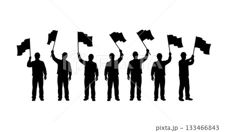 Black Solid Worker Waving Flag Silhouettes Set of Six on White Background Black Solid Worker Waving Flag Silhouettes Set of Six on White Background 133466843