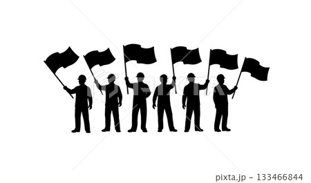 Black Solid Worker Waving Flag Silhouettes Set of Six on White Background 133466844