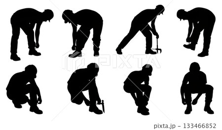 Black Solid Worker Tying Shoelace Silhouettes Set of Six on White Background Black Solid Worker Tying Shoelace Silhouettes Set of Six on White Background 133466852