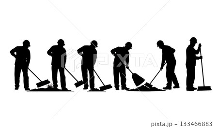 Black Solid Worker Sweeping Silhouettes Set of Six on White Background 133466883