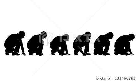 Black Solid Squatting Worker Silhouettes Set of Six on White Background 133466893