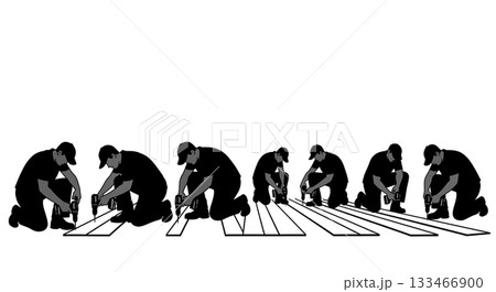 Black Solid Worker Screwing Floor Silhouettes Set of Six on White Background 133466900