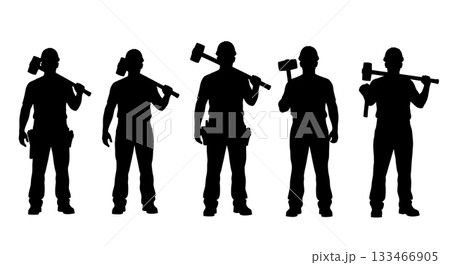 Black Solid Worker Sledgehammer Shoulder Silhouettes Set of Six on White Background 133466905