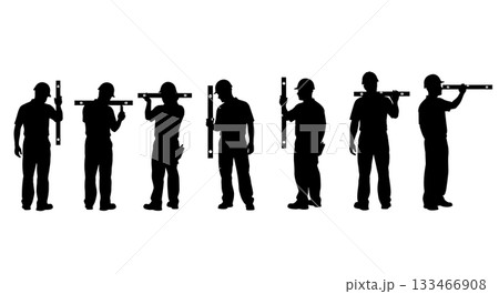 Black Solid Worker Using Spirit Level Silhouettes Set of Six on White Background Black Solid Worker Using Spirit Level Silhouettes Set of Six on White Background 133466908