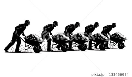 Black Solid Worker Pushing Wheelbarrow Silhouettes Set of Six on White Background Black Solid Worker Pushing Wheelbarrow Silhouettes Set of Six on White Background 133466954